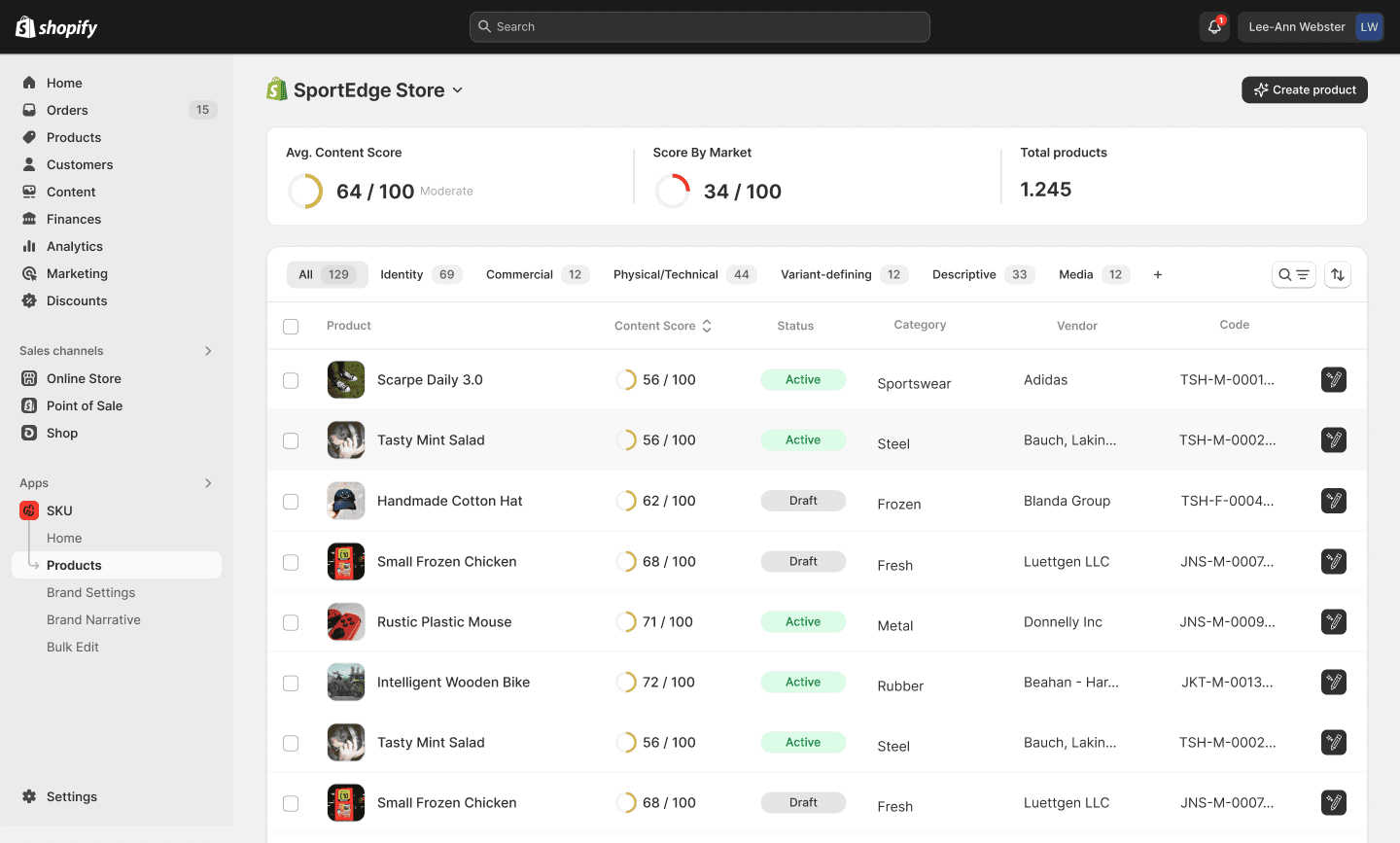 Skuus products list with content scoring and status